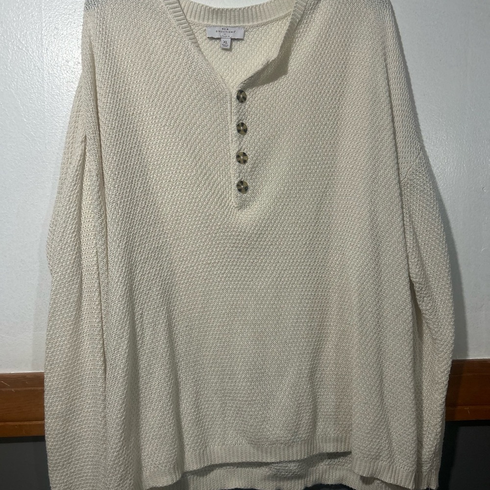 new directions Cream Henley Knit Crewneck Sweater - women